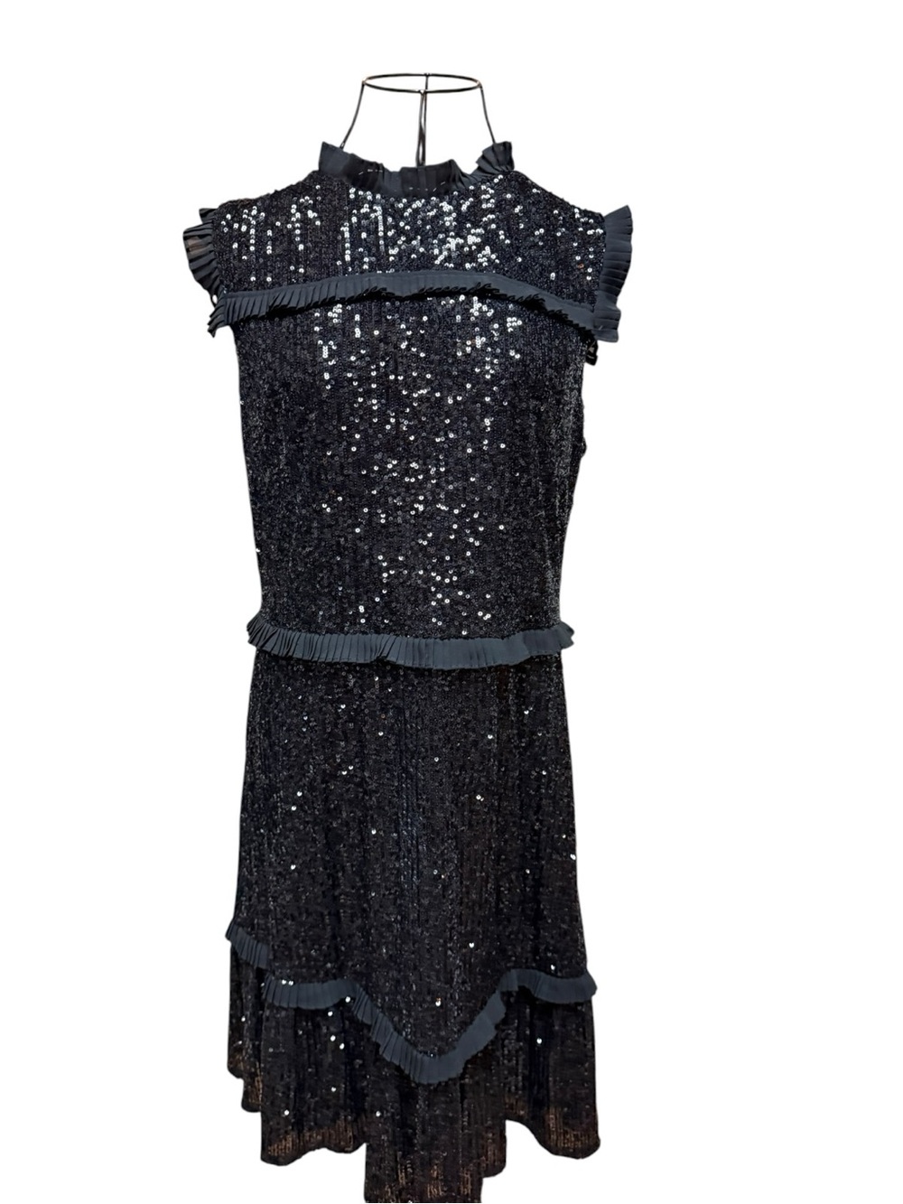 NWT Black Sequin Ruffle Trim Sleeveless Dress Size 12